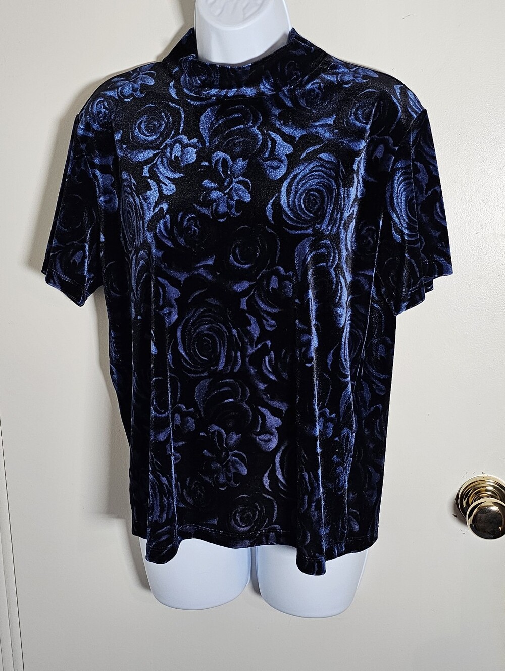 Vintage 90s Impressions Blue Velvet Floral Mock Neck Top Whimsigoth Grunge M